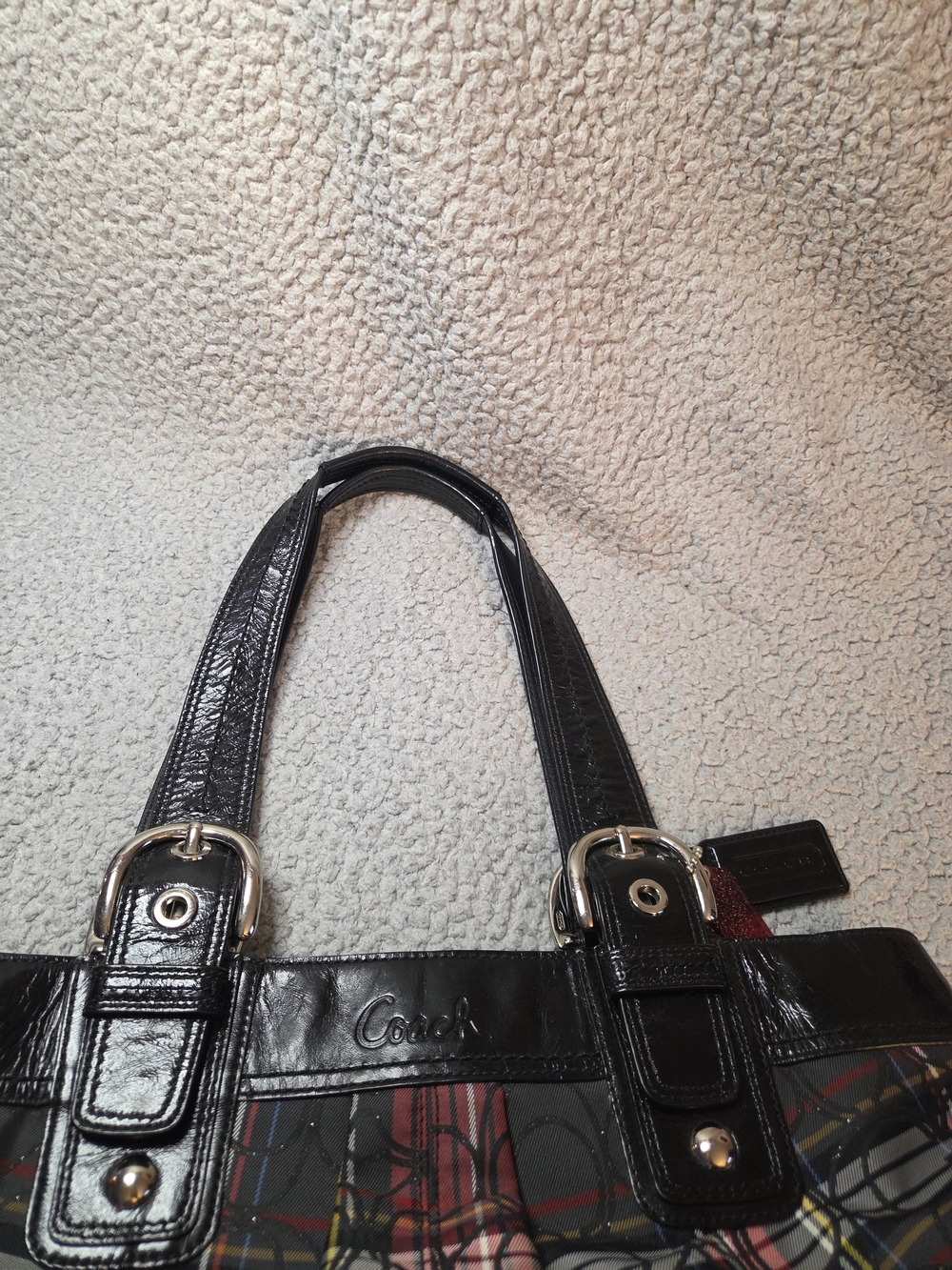 Coach Plaid Shoulder Bag with Black Trim and Red Accent - Picture 4 of 11